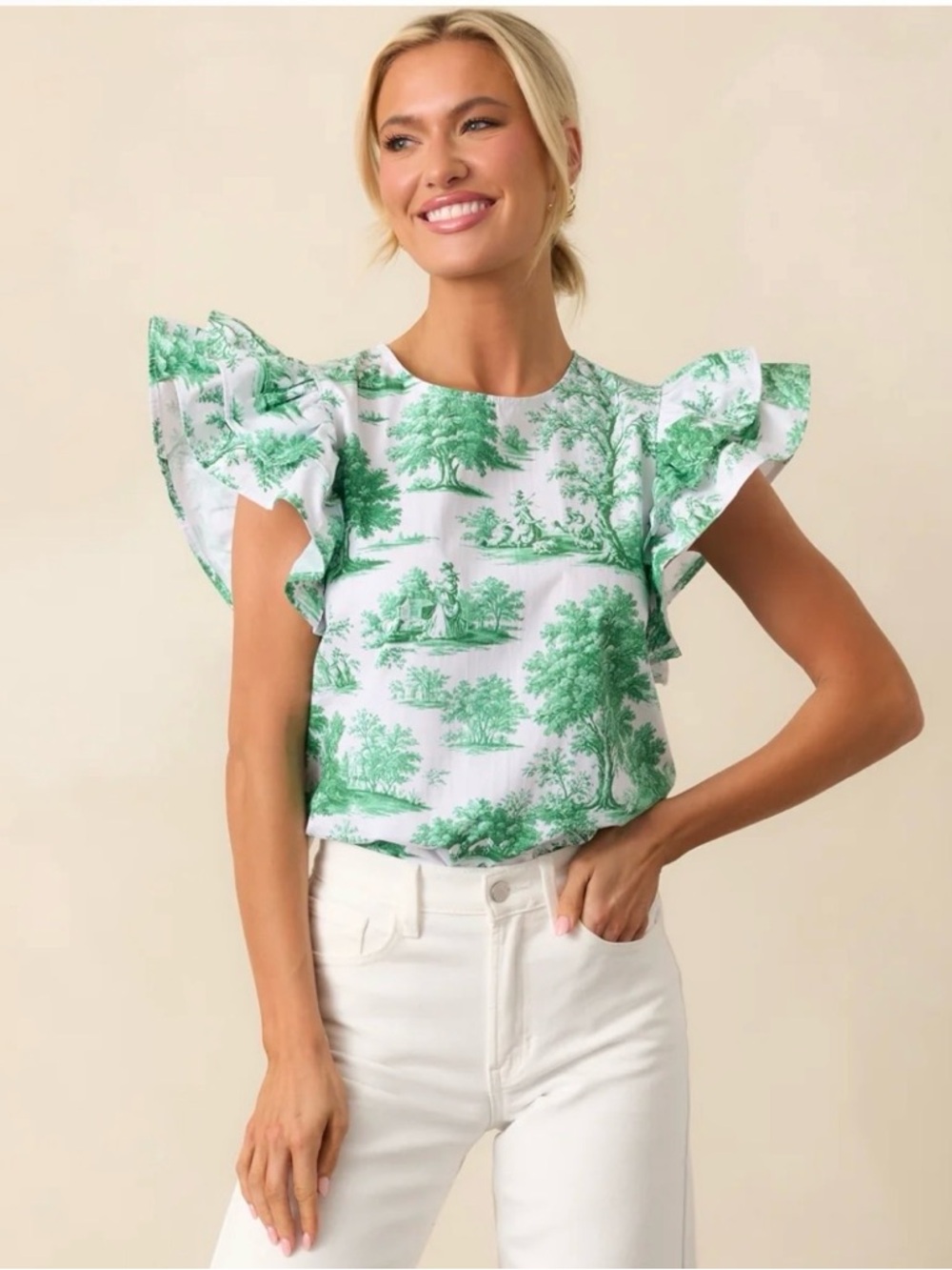 NWT Prosperina Avery Ruffle Top Greene Toile